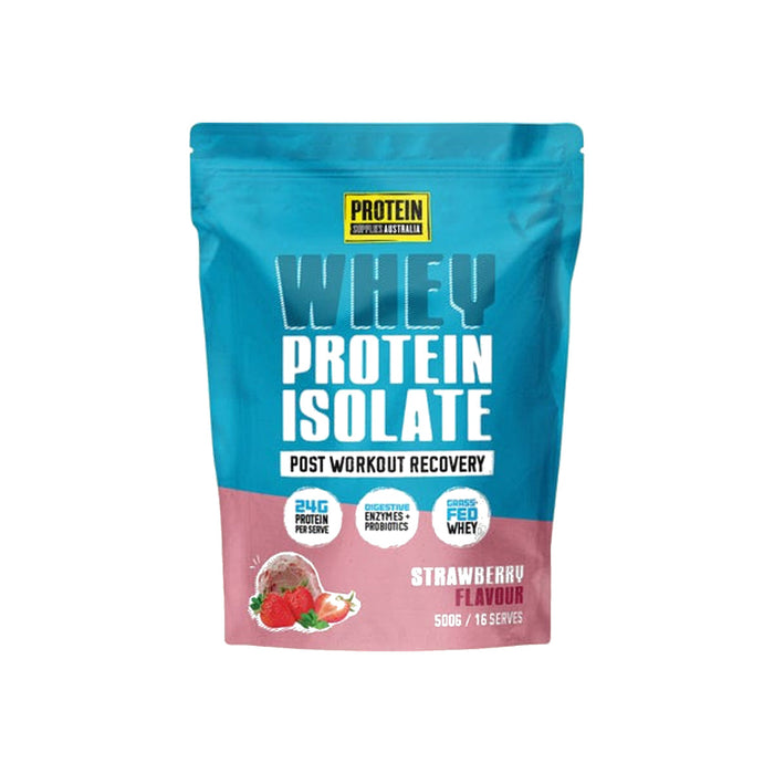 Protein Supplies Australia WPI Whey Protein Isolate 500g Strawberry packshot on white background