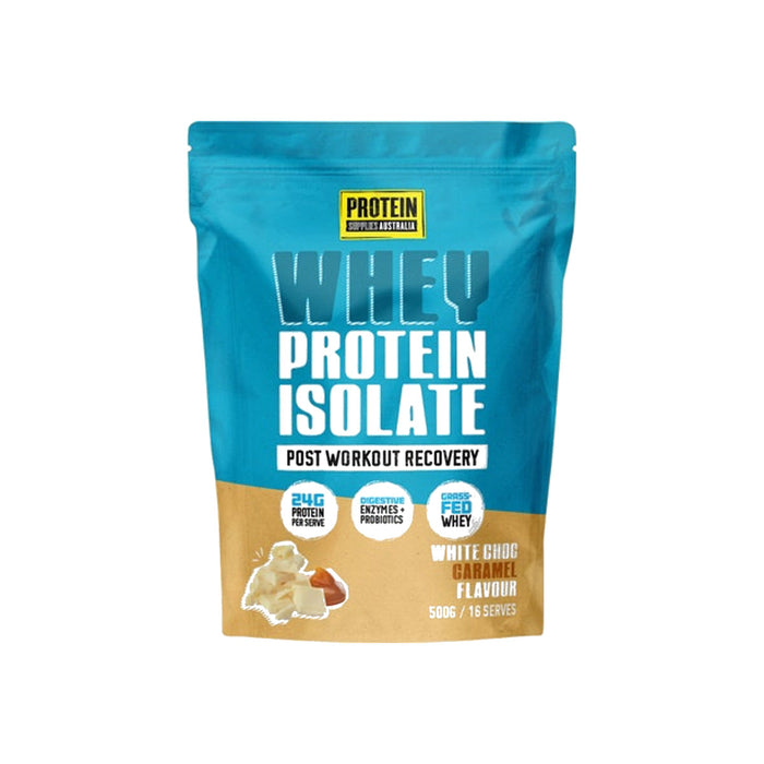 Protein Supplies Australia WPI Whey Protein Isolate 500g White Choc Caramel packshot on white background