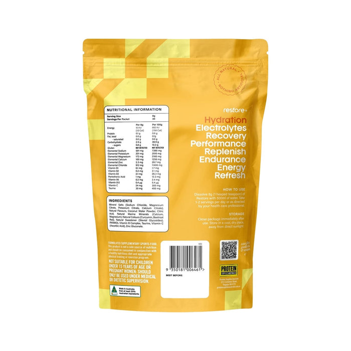 Protein Supplies Australia Restore Electrolyte Drink Mix 240g Tropical Twist back of pack