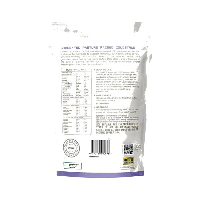 Protein Supplies Australia Colostrum Grass Fed Unflavoured 200g back of pack