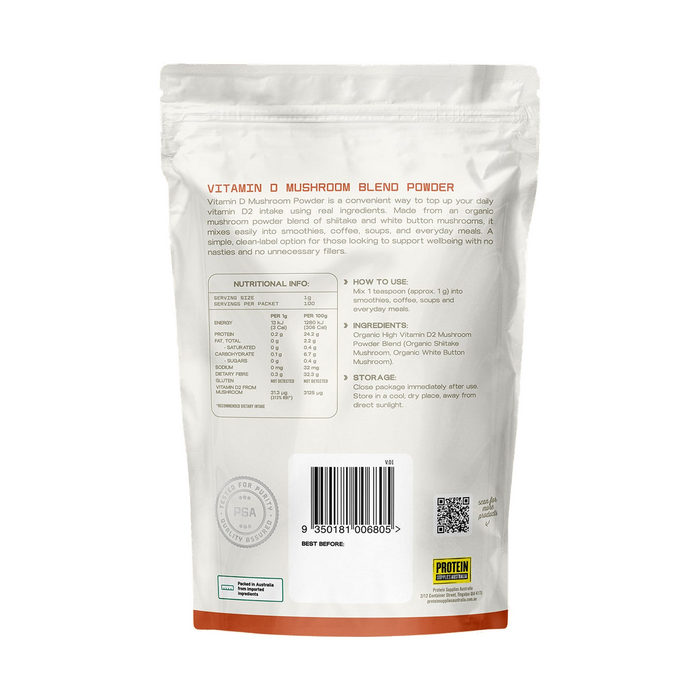 Protein Supplies Australia Vitamin D Mushroom Powder 100g rear label with ingredients, directions and nutrition