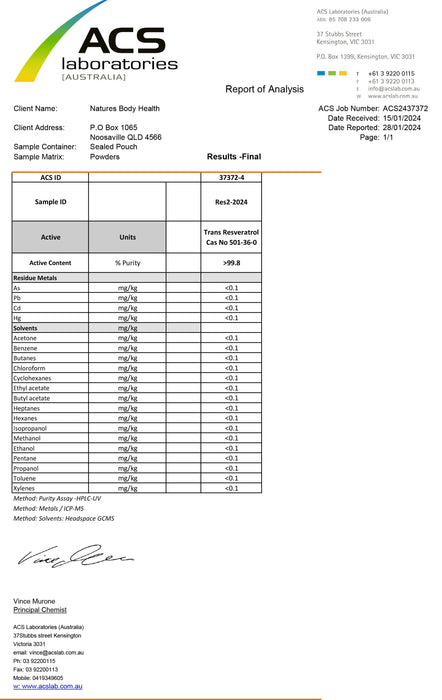 Nature's Body Trans-Resveratrol 500mg 60 Capsules supplier certificate of analysis