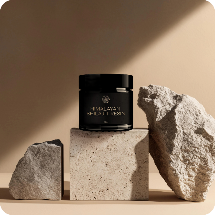 Nature's Body Pure Himalayan Shilajit Resin 30g jar and resin lifestyle image