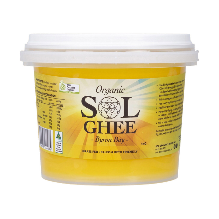Sol Organics Organic Ghee 1kg front tub on white background
