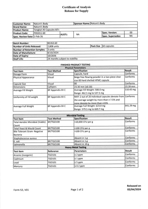 Nature's Body Tongkat Ali 200:1 500mg 60 Capsules supplier certificate of analysis page one