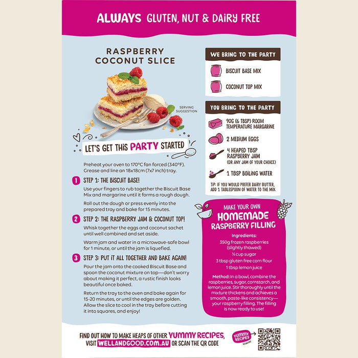 Well & Good Raspberry Coconut Slice Mix 370g back of pack directions