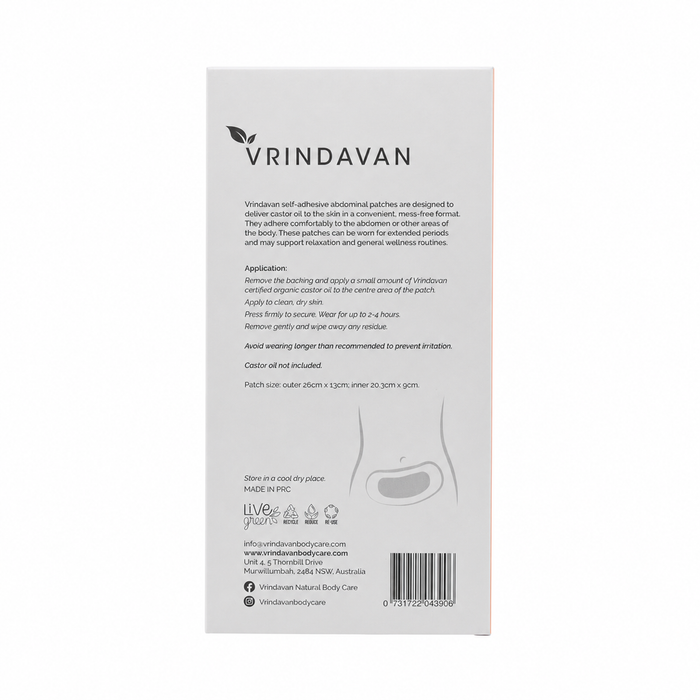 Vrindavan Self-Adhesive Abdominal Patches 10 Pieces rear label with directions and dimensions