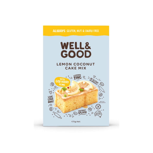 Well & Good Lemon Coconut Cake Mix with Goji Berry Icing 475g front pack