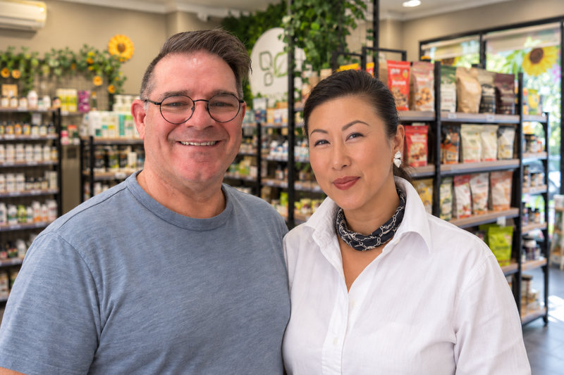 Matt and Cat together in the BuyNatural shop, composite created from their supplied photographs